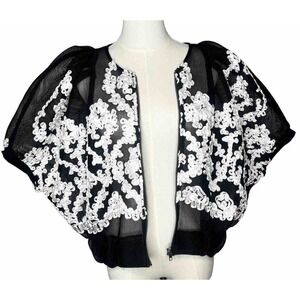Cleo black Mesh Zip Up blouse‎ Edgy Puff Sleeve Moira Rose Haute Couture Medium